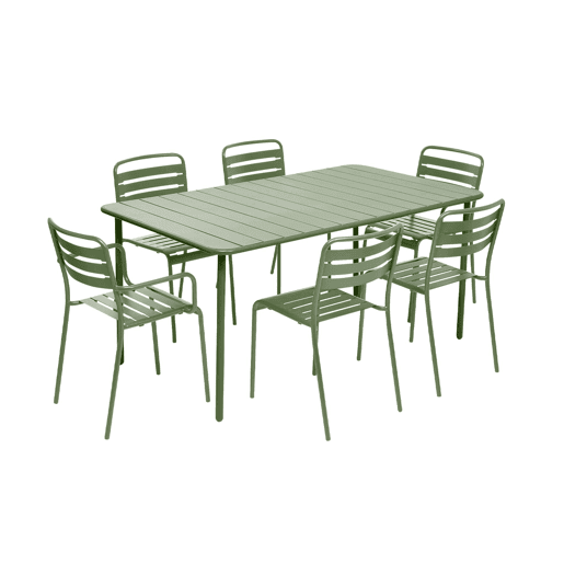 Mesa de jardim de metal 2 poltronas 4 cadeiras sillónes, Amelia, Verde, 160x90x72.5 cm