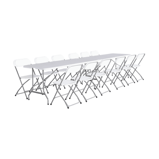 Set de 2 mesas de receção dobráveis em plástico + 12 cadeiras, Fiesta 12, Branco, 180x69.5x73.5 cm