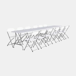 Set de 2 mesas de receção dobráveis em plástico + 12 cadeiras, Fiesta 12, Branco, 180x69.5x73.5 cm