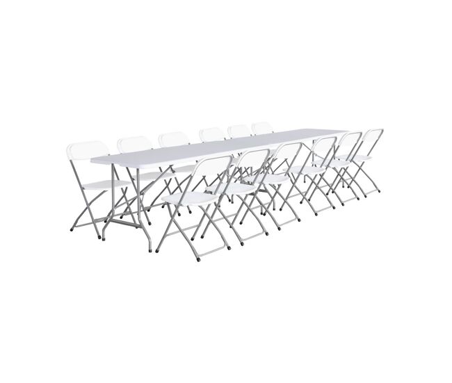 Set de 2 mesas + 12 sillas plegables portátiles para eventos blanco - 180x69.5x73.5 cm