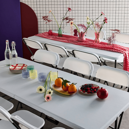 Set de 2 mesas de receção dobráveis em plástico + 12 cadeiras, Fiesta 12, Branco, 180x69.5x73.5 cm