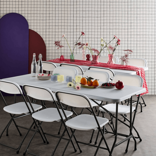 Set de 2 mesas de receção dobráveis em plástico + 12 cadeiras, Fiesta 12, Branco, 180x69.5x73.5 cm