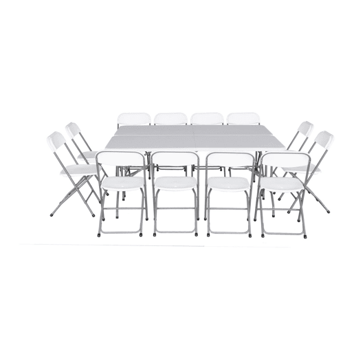 Set de 2 mesas de receção dobráveis em plástico + 12 cadeiras, Fiesta 12, Branco, 180x69.5x73.5 cm
