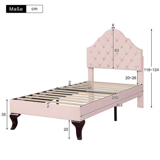 Cama estofada em veludo 90x200 cm com cabeceira regulável + estrado de molas - Rosa