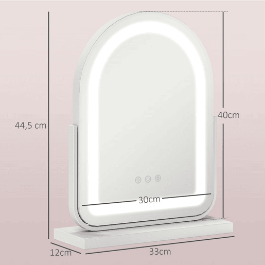 HOMCOM Espelho de Maquilhagem com Luz LED Espelho de Tocador Giratório com 3 Modos de Iluminação Ajustáveis Interruptor Tátil Rotação Regulável de 360° e Função de Memória 33x44,5x12 cm Branco
