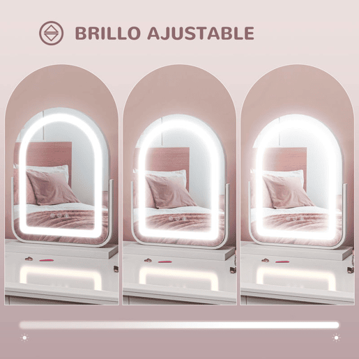HOMCOM Espelho de Maquilhagem com Luz LED Espelho de Tocador Giratório com 3 Modos de Iluminação Ajustáveis Interruptor Tátil Rotação Regulável de 360° e Função de Memória 33x44,5x12 cm Branco