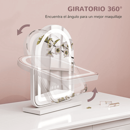 HOMCOM Espelho de Maquilhagem com Luz LED Espelho de Tocador Giratório com 3 Modos de Iluminação Ajustáveis Interruptor Tátil Rotação Regulável de 360° e Função de Memória 33x44,5x12 cm Branco