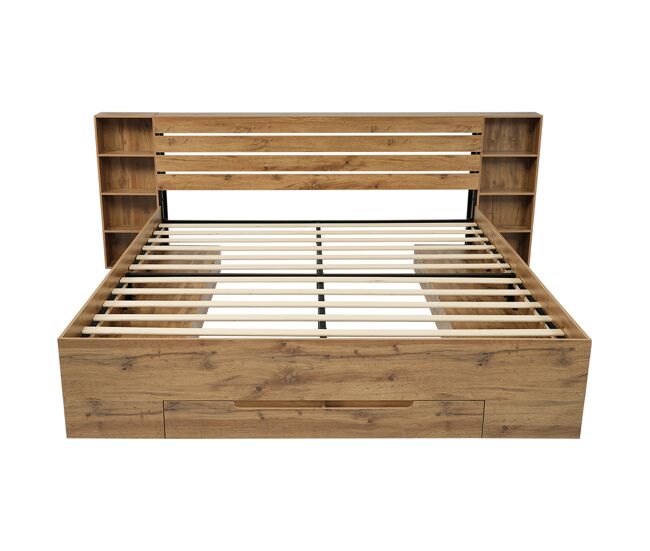 Cama para adultos 180×200 cm en madera - con luz de lectura + enchufes de carga - con somier - natural