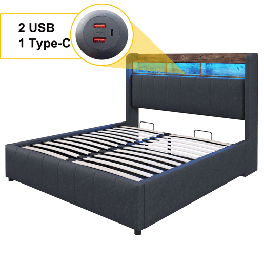Cómoda estofada em linho 140x200 cm - com LED + tomadas - Cinzento Cómoda estofada em linho 140x200 cm - com LED + tomadas - Cinzento