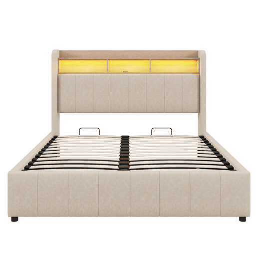 Cómoda estofada em linho 140x200 cm - com LED + tomadas - Bege Cómoda estofada em linho 140x200 cm - com LED + tomadas - Bege