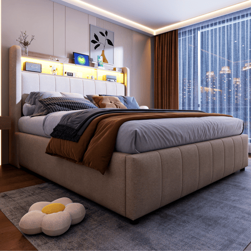 Cómoda estofada em linho 140x200 cm - com LED + tomadas - Bege Cómoda estofada em linho 140x200 cm - com LED + tomadas - Bege