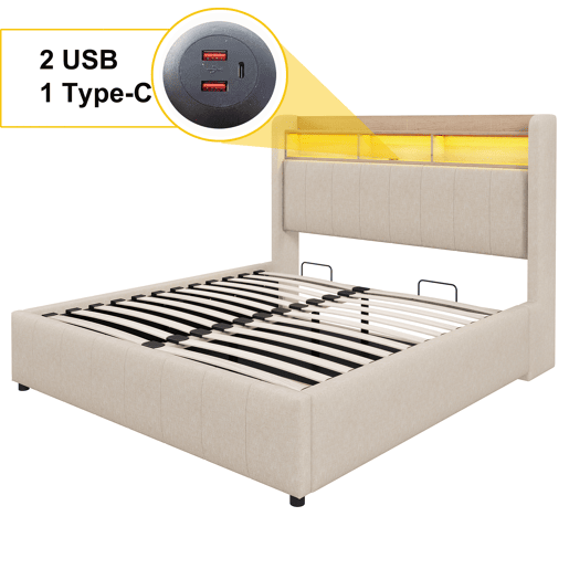 Cómoda estofada em linho 140x200 cm - com LED + tomadas - Bege Cómoda estofada em linho 140x200 cm - com LED + tomadas - Bege