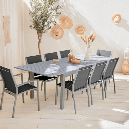 Mesa de jardim extensível em alumínio, 8 cadeiras, Chicago 8, Cinza, 244x100x75 cm