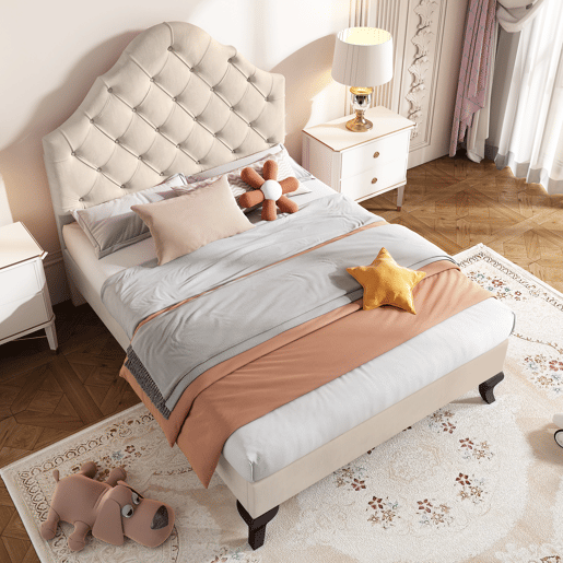 Cama estofada 90x200cm em veludo com cabeceira regulável + estrado de molas - Bege