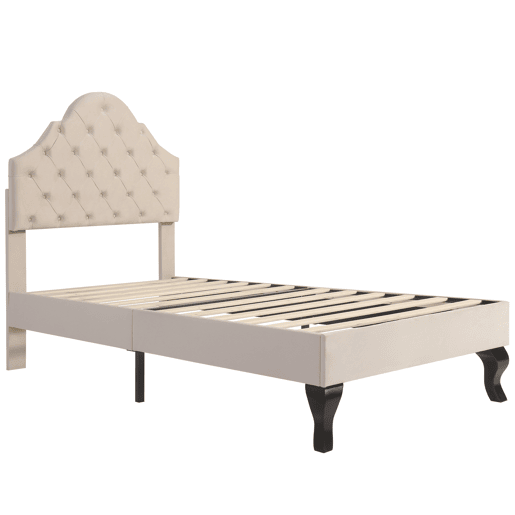 Cama estofada 90x200cm em veludo com cabeceira regulável + estrado de molas - Bege