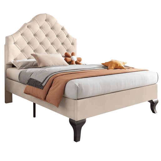 Cama estofada 90x200cm em veludo com cabeceira regulável + estrado de molas - Bege