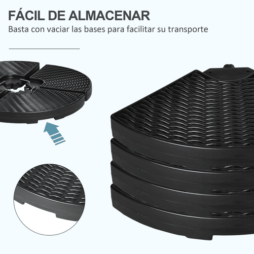Outsunny Base para Chapéu de Sol de 4 Peças Suporte para Chapéu de Sol Recarregável com Areia 68 kg ou Água 52 kg para Jardim Pátio ou Terraço Preto