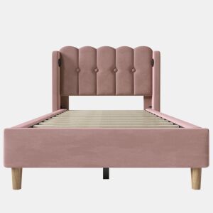 Cama estofada em veludo 90x200cm - com portas de carga e estrado de molas - Rosa