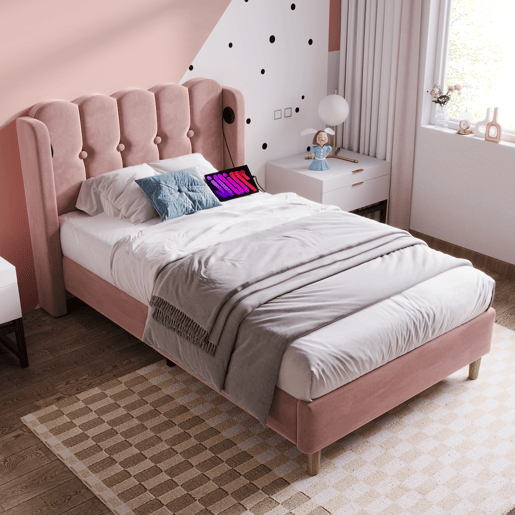 Cama estofada em veludo 90x200cm - com portas de carga e estrado de molas - Rosa