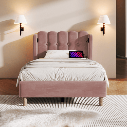 Cama estofada em veludo 90x200cm - com portas de carga e estrado de molas - Rosa