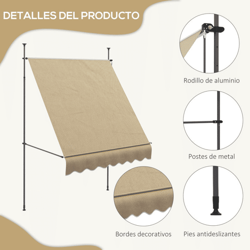Outsunny Toldo Manual Retrátil com Manivela 200x120x210-300 cm Toldo para Varanda com Altura Ajustável Impermeável e Anti-UV para Jardim Terraço Bege