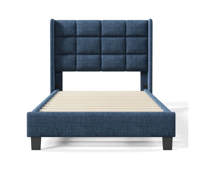 Cama tapizada en tela de lino - 90x200 cm - con cabecero y somier - azul