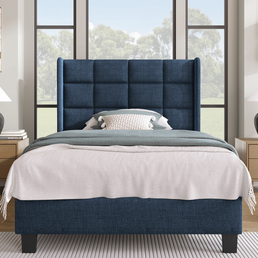 Cama estofada em tecido de linho - 90x200 cm - com cabeceira e estrado de molas - Azul