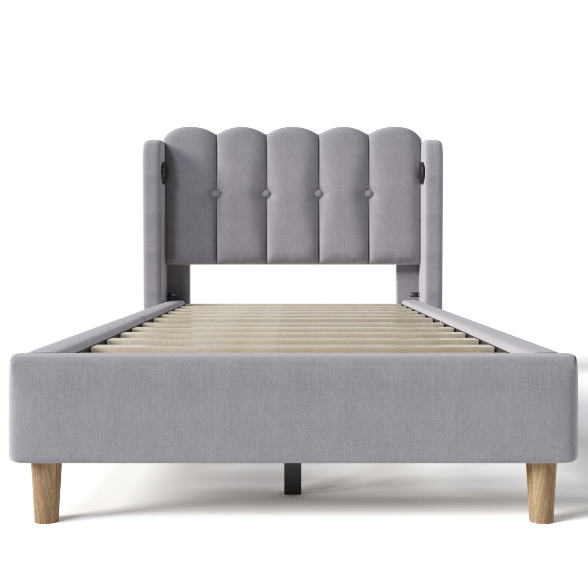 Cama de lino acolchada de 90x200 cm - con puertos de carga y somier - gris