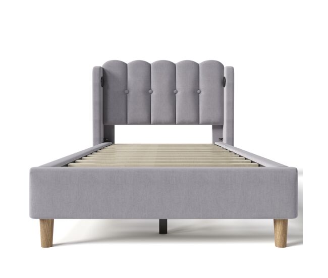 Cama de lino acolchada de 90x200 cm - con puertos de carga y somier - gris