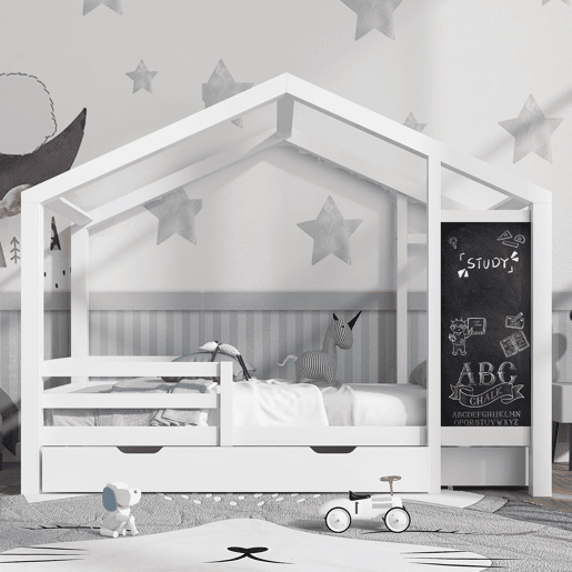Cabine-cama 90x200 cm - madeira maciça - com ardósia e 2 gavetas - Branco