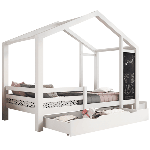 Cabine-cama 90x200 cm - madeira maciça - com ardósia e 2 gavetas - Branco