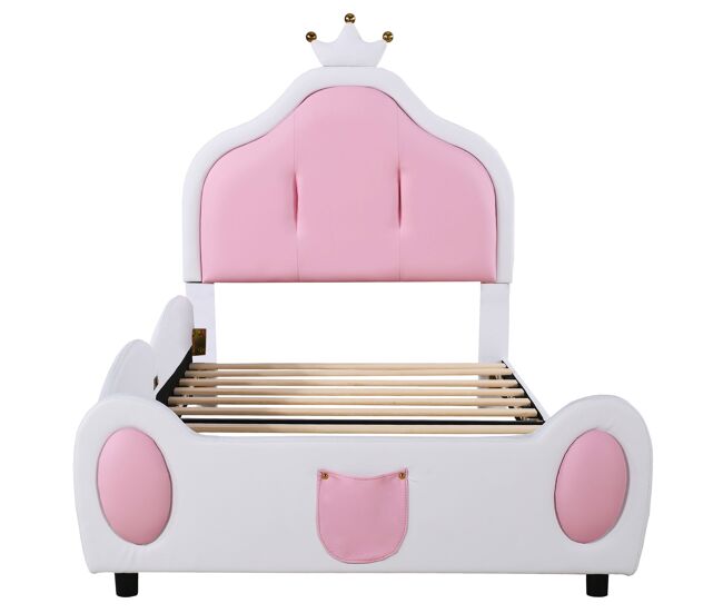 Cama infantil 90x200 cm en piel sintética - cabecero con moldura de techo - blanco