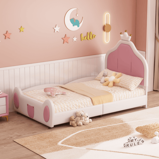 Cama de criança 90x200 cm em pele sintética - cabeceira com moldura no teto - Branco
