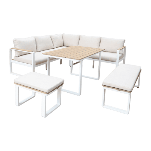 Conjunto de jardim relax em madeira de acácia e alumínio de 8 lugares, Pampas, Branco, 197x72.5x72.5 cm