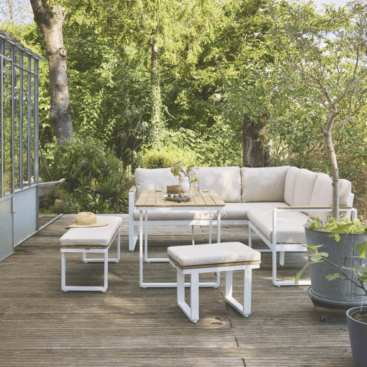 Conjunto de jardim relax em madeira de acácia e alumínio de 8 lugares, Pampas, Branco, 197x72.5x72.5 cm