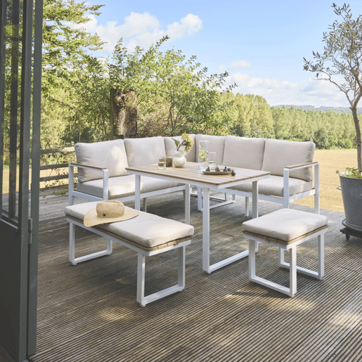 Conjunto de jardim relax em madeira de acácia e alumínio de 8 lugares, Pampas, Branco, 197x72.5x72.5 cm