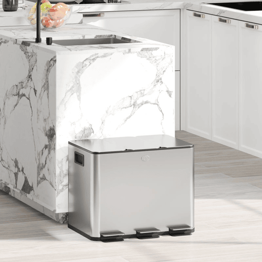 HOMCOM Balde de Lixo de Cozinha com 3 Compartimentos 3x10L Cubo de Lixo de Aço Inoxidável com Pedais Tampas com Fechamento Suave e Cubo Amovível para Escritório Cozinha 49,6x34,5x38,6 cm Prata