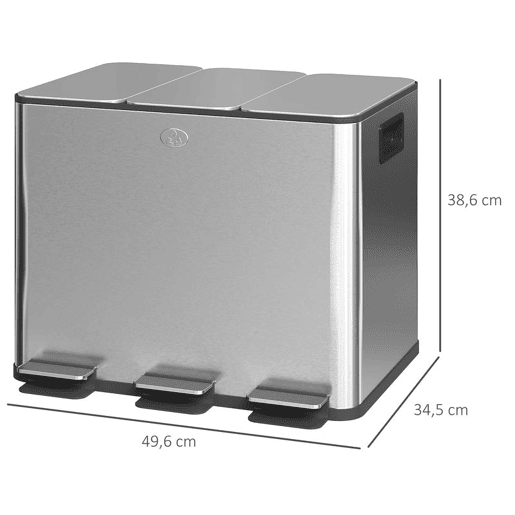 HOMCOM Balde de Lixo de Cozinha com 3 Compartimentos 3x10L Cubo de Lixo de Aço Inoxidável com Pedais Tampas com Fechamento Suave e Cubo Amovível para Escritório Cozinha 49,6x34,5x38,6 cm Prata