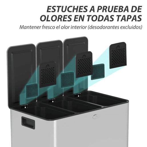 HOMCOM Balde de Lixo de Cozinha com 3 Compartimentos 3x10L Cubo de Lixo de Aço Inoxidável com Pedais Tampas com Fechamento Suave e Cubo Amovível para Escritório Cozinha 49,6x34,5x38,6 cm Prata