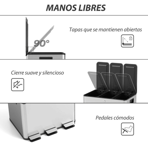 HOMCOM Balde de Lixo de Cozinha com 3 Compartimentos 3x10L Cubo de Lixo de Aço Inoxidável com Pedais Tampas com Fechamento Suave e Cubo Amovível para Escritório Cozinha 49,6x34,5x38,6 cm Prata