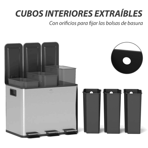 HOMCOM Balde de Lixo de Cozinha com 3 Compartimentos 3x10L Cubo de Lixo de Aço Inoxidável com Pedais Tampas com Fechamento Suave e Cubo Amovível para Escritório Cozinha 49,6x34,5x38,6 cm Prata