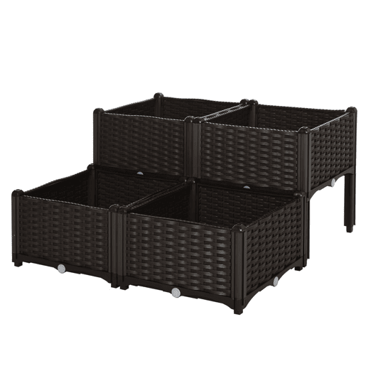 Outsunny Conjunto de 4 Floreiras Quadradas Floreiras para Flores e Vegetais com Orifícios de Drenagem e Pés Altos 80x40x26-44 cm Marrom