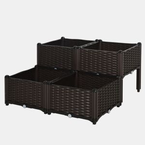 Outsunny Conjunto de 4 Floreiras Quadradas Floreiras para Flores e Vegetais com Orifícios de Drenagem e Pés Altos 80x40x26-44 cm Marrom