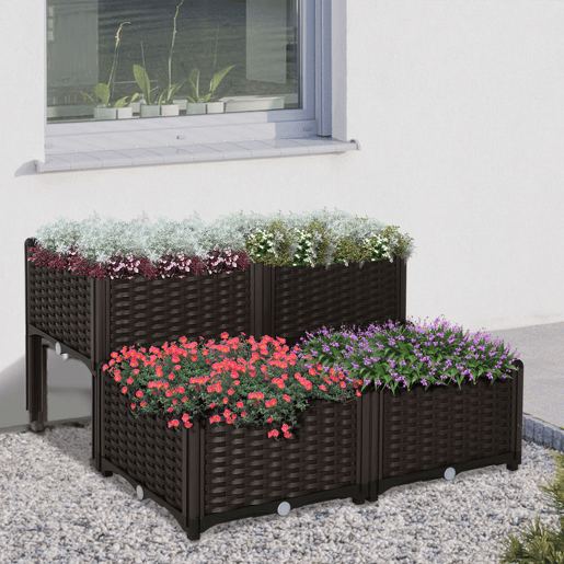 Outsunny Conjunto de 4 Floreiras Quadradas Floreiras para Flores e Vegetais com Orifícios de Drenagem e Pés Altos 80x40x26-44 cm Marrom