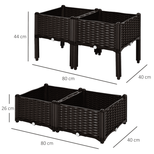 Outsunny Conjunto de 4 Floreiras Quadradas Floreiras para Flores e Vegetais com Orifícios de Drenagem e Pés Altos 80x40x26-44 cm Marrom