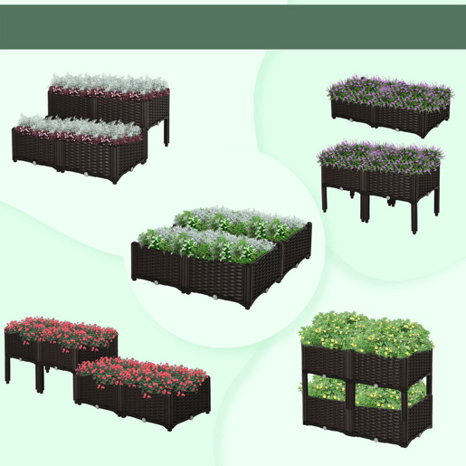 Outsunny Conjunto de 4 Floreiras Quadradas Floreiras para Flores e Vegetais com Orifícios de Drenagem e Pés Altos 80x40x26-44 cm Marrom