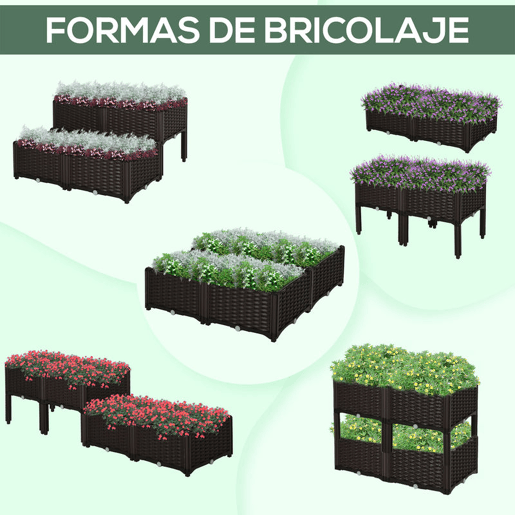 Outsunny Conjunto de 4 Floreiras Quadradas Floreiras para Flores e Vegetais com Orifícios de Drenagem e Pés Altos 80x40x26-44 cm Marrom
