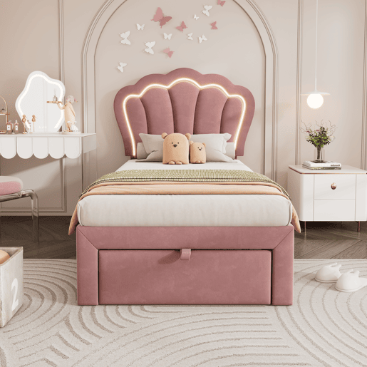 Cama de criança 90x190 cm em veludo com gavetas e controlo APP LED - Rosa
