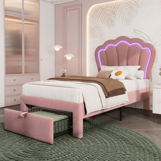 Cama de criança 90x190 cm em veludo com gavetas e controlo APP LED - Rosa