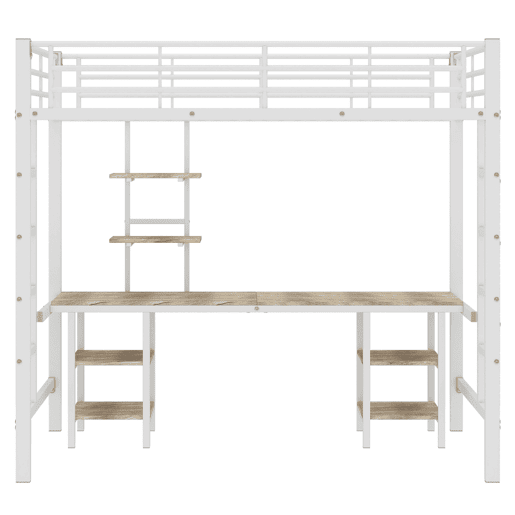 Cama alta 90x200 cm - com secretária e prateleiras - estrutura em ferro - Branco